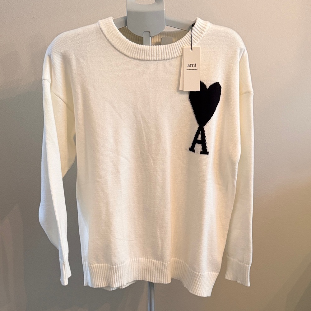 Ami Women's Cream Sweater with Black Heart Design